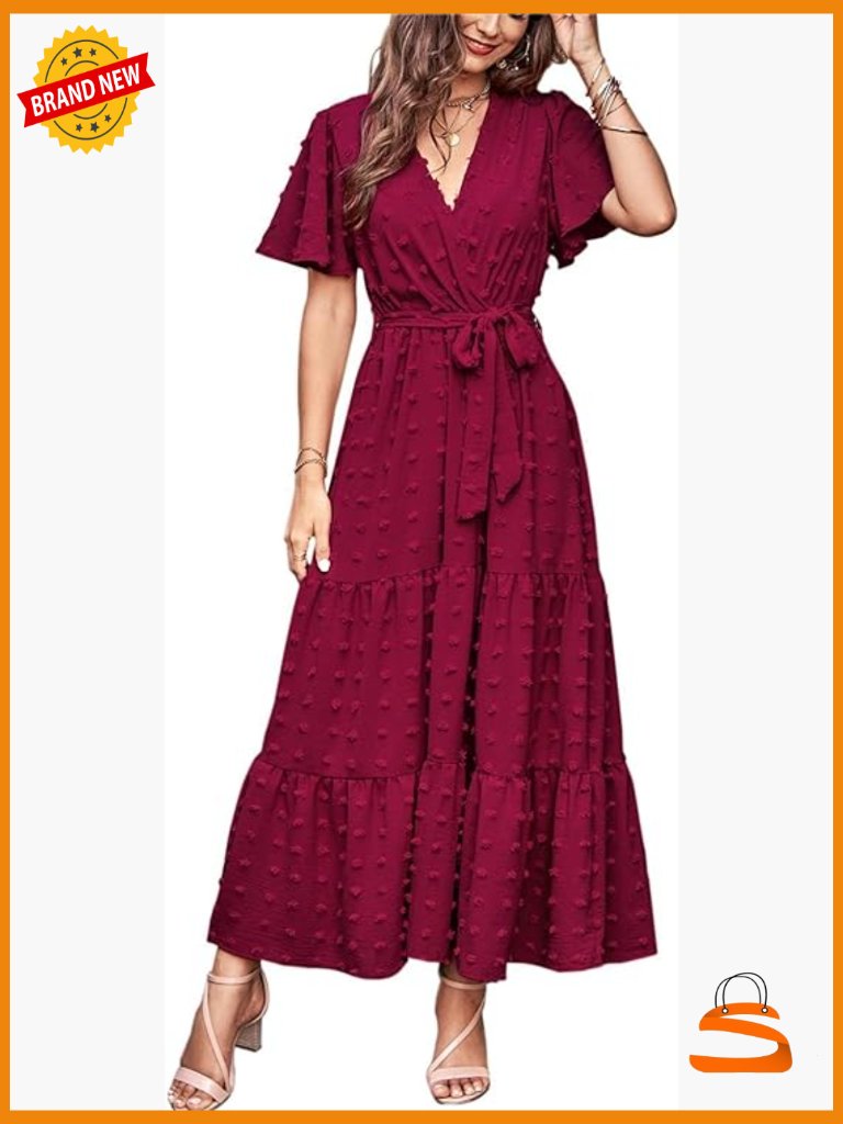 Swiss Dot Maxi Dress Wrap V-Neck Flutter Sleeve Boho Flowy Long Wedding Guest